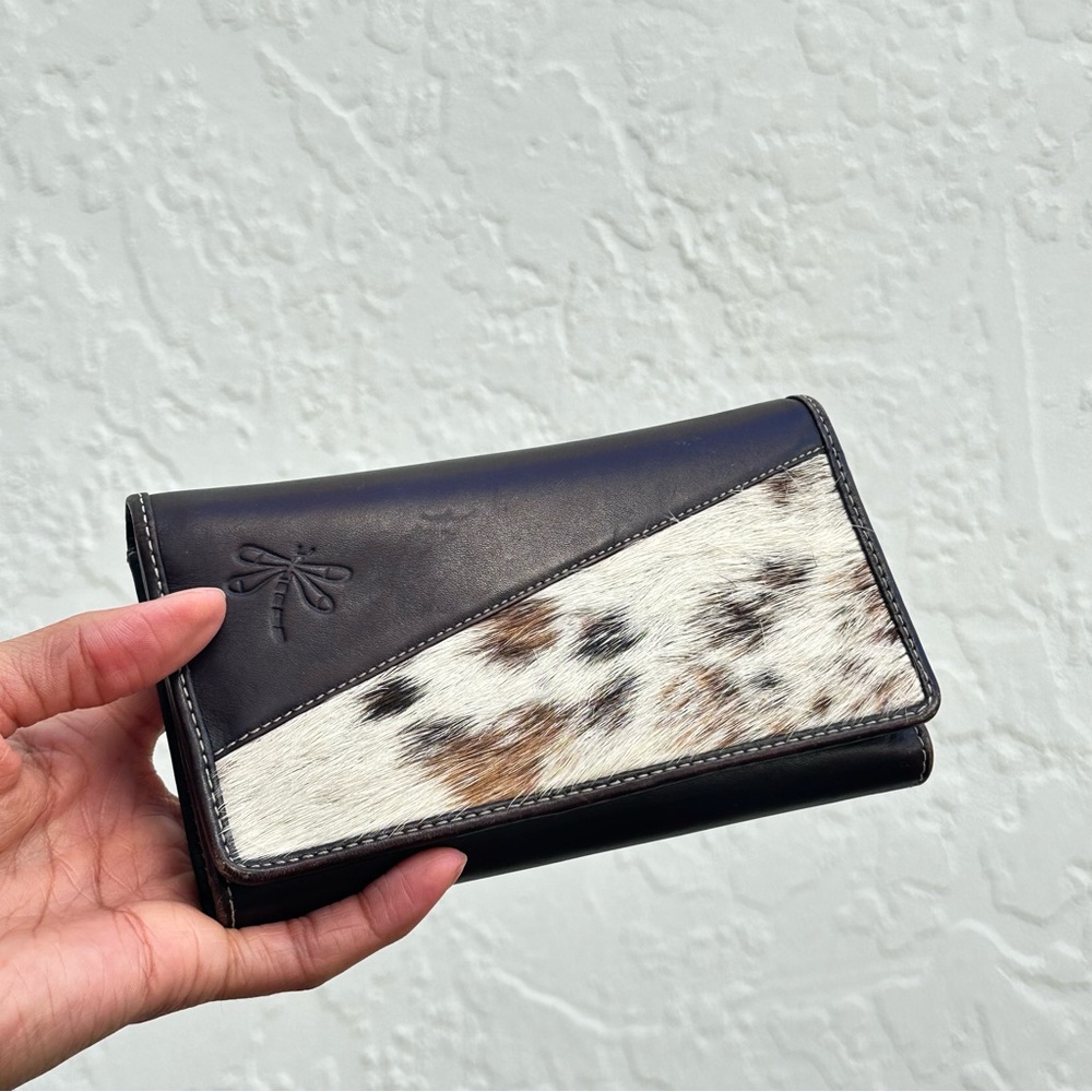 Leather Trifold Wallet with Cowhide Accent - Black/Brown/White